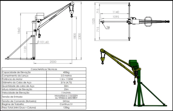 Mini grua de elevação de carga – Cap 200 kg / 400 kg Monofásico - Image 2
